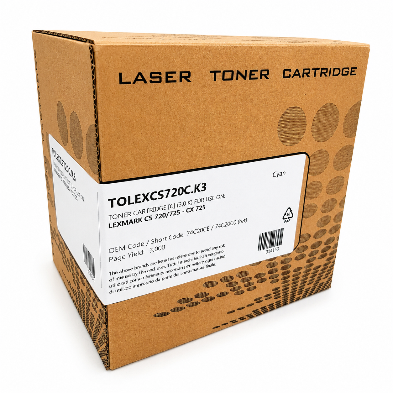 LEXMARK 74C20C0 REMANUFACTURED TONER CYAN 3K FOR USE IN LEXMARK CS720/CS725/CX725